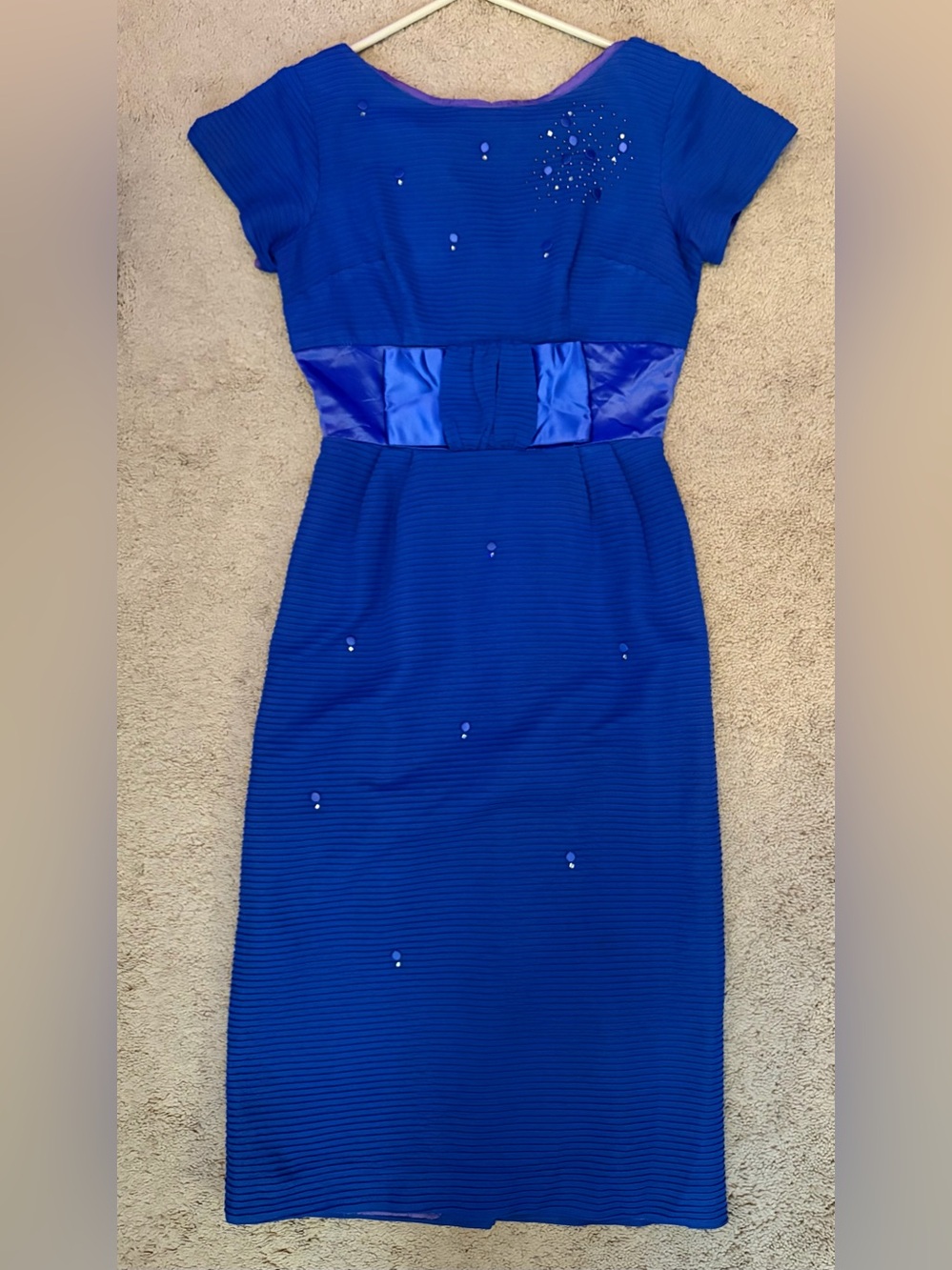 AS IS 1950s Cobalt Royal Blue Rhinestone Cocktail Wiggle Dress Satin Waist XXS